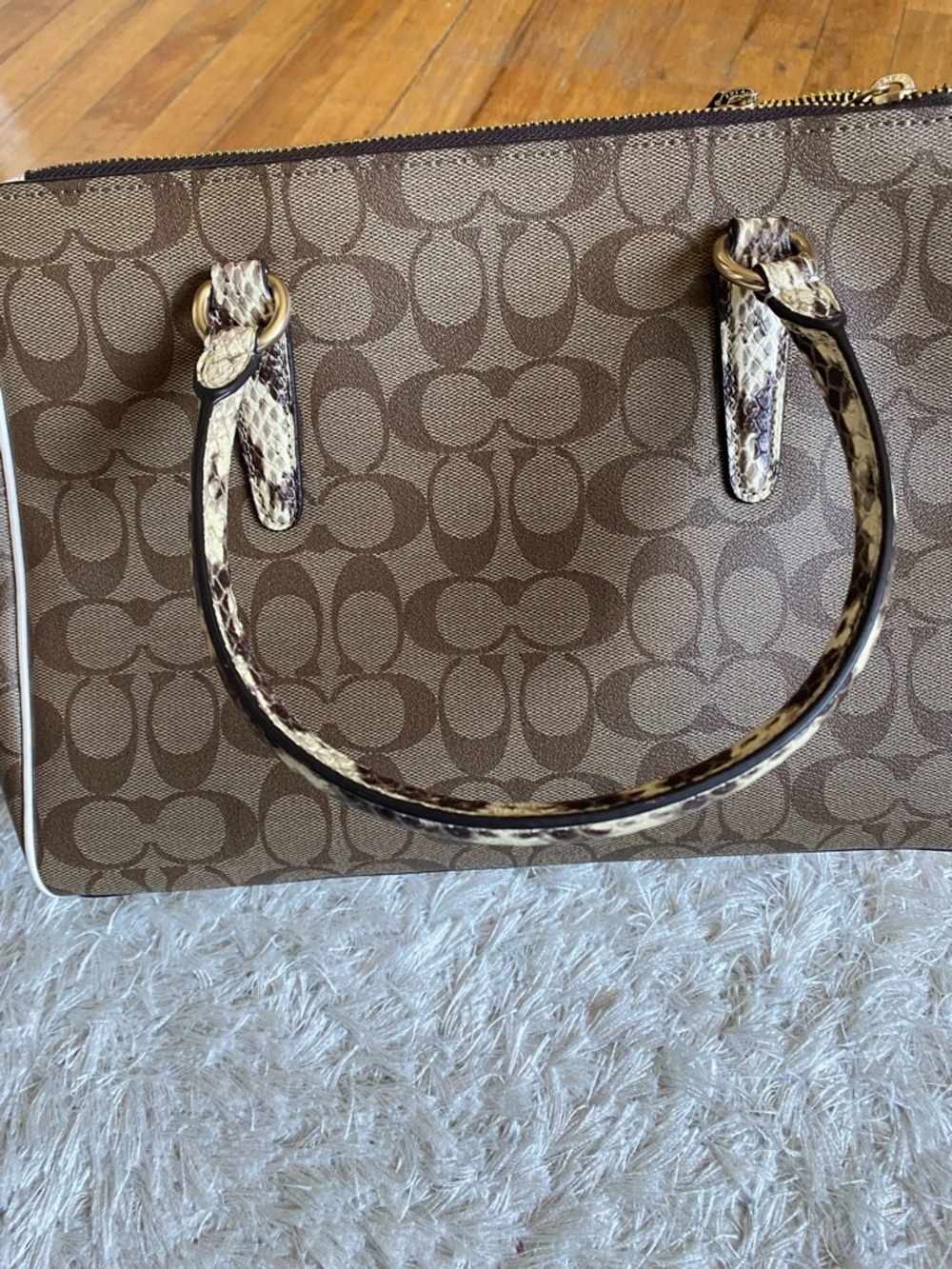 Coach Brown Signature Canvas Satchel with Snake-Print Handles and Gold Hardware - Picture 8 of 12